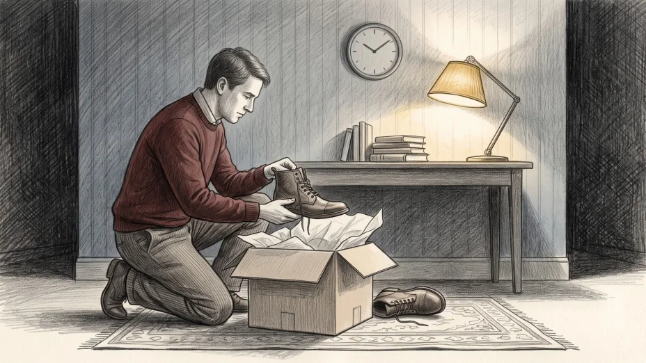 In a lamplit study an adult kneels by an open moving box, lifting a laced boot from folded tissue paper.