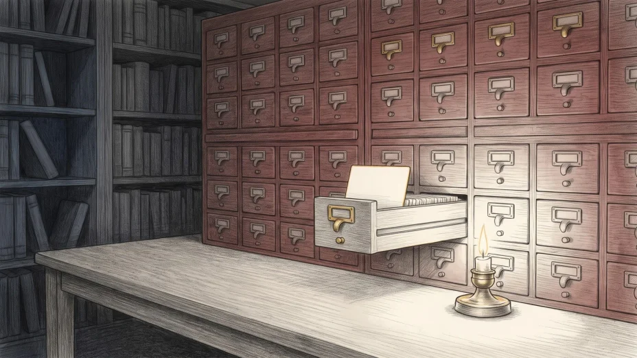 A tall cabinet of small index drawers stands open, one card drawn halfway out under a reading lamp.