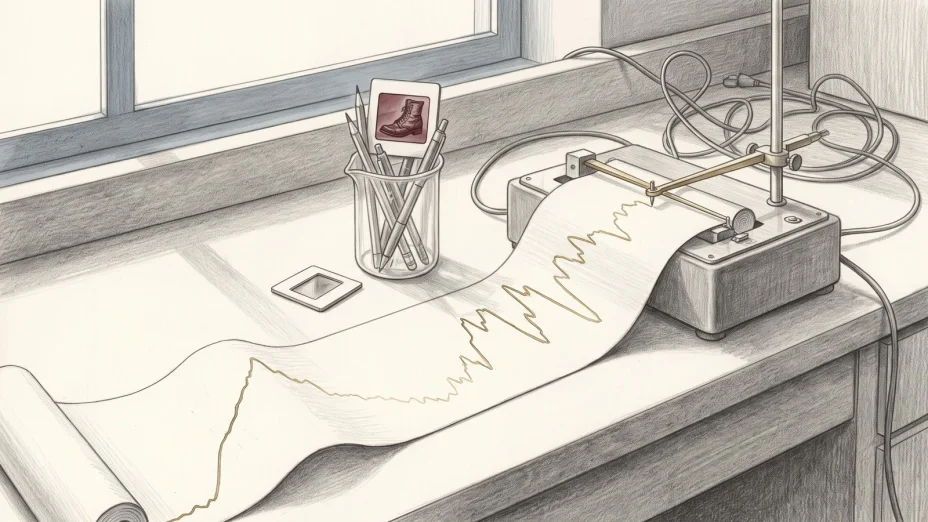 A pen recorder traces a rising and falling line across a paper roll beside a slide of a laced boot.