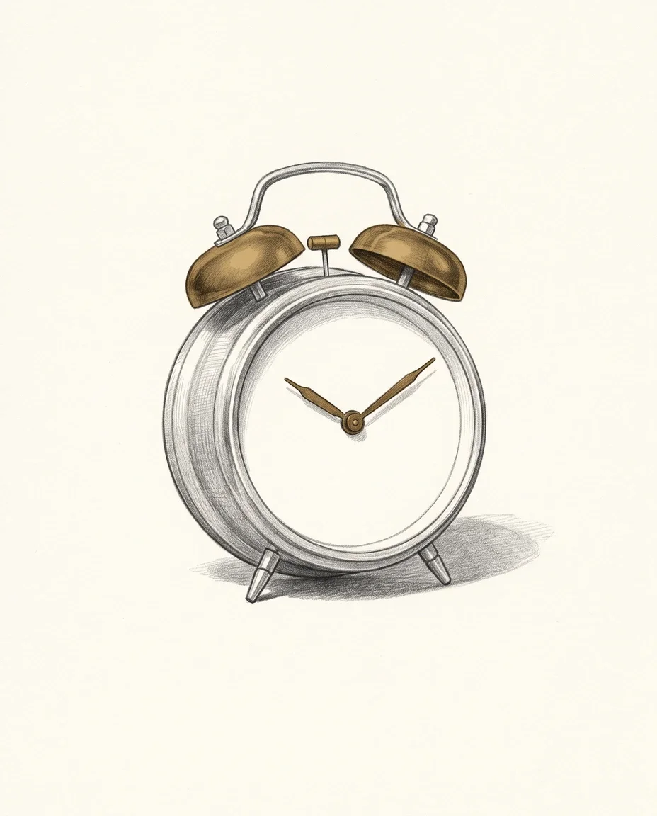 A mechanical alarm clock with twin bells stands alone, its blank face and hands washed in gold.