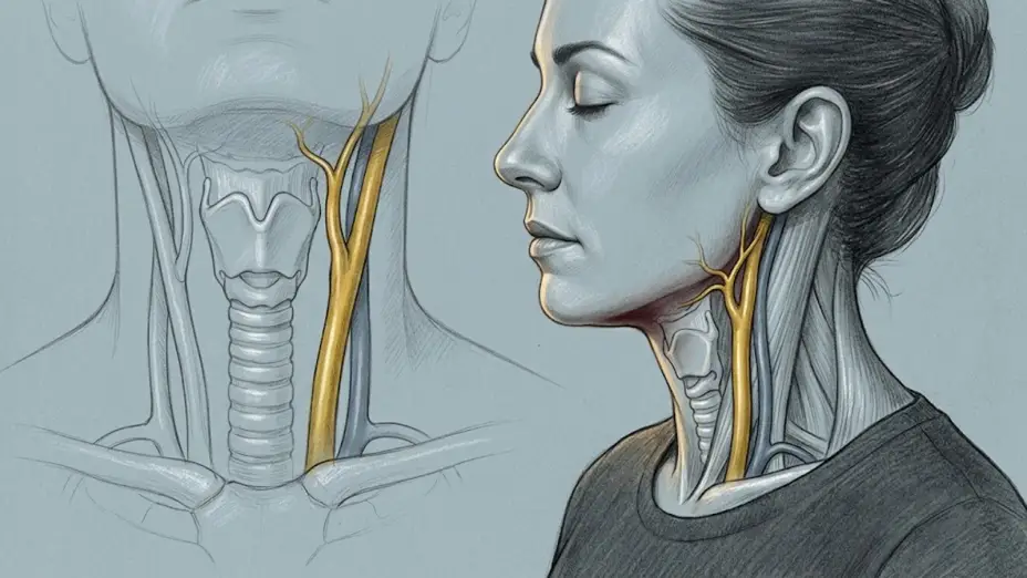 A woman in profile with eyes closed, the artery and vein in her neck drawn as if seen through the skin, the same neck in front view beside her.