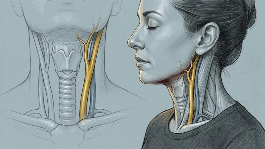 A woman in profile with eyes closed, the artery and vein in her neck drawn as if seen through the skin, the same neck in front view beside her.