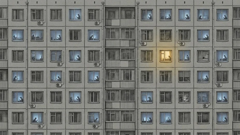 The grey front of an apartment block, lone figures in many windows lit blue by a phone or laptop, one window glowing warm.
