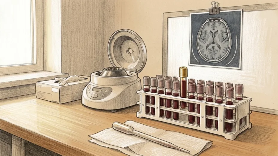 A rack of blood-sample tubes on a sunlit lab bench, one raised with a gold cap, a centrifuge beside it and a brain scan on the wall.