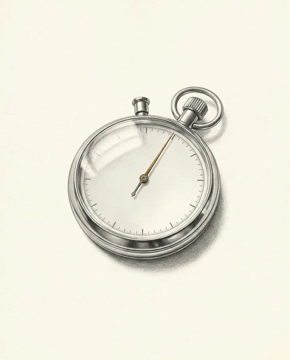 An old stopwatch lying on its back with a blank dial, its long second hand stopped just past the top in gold.