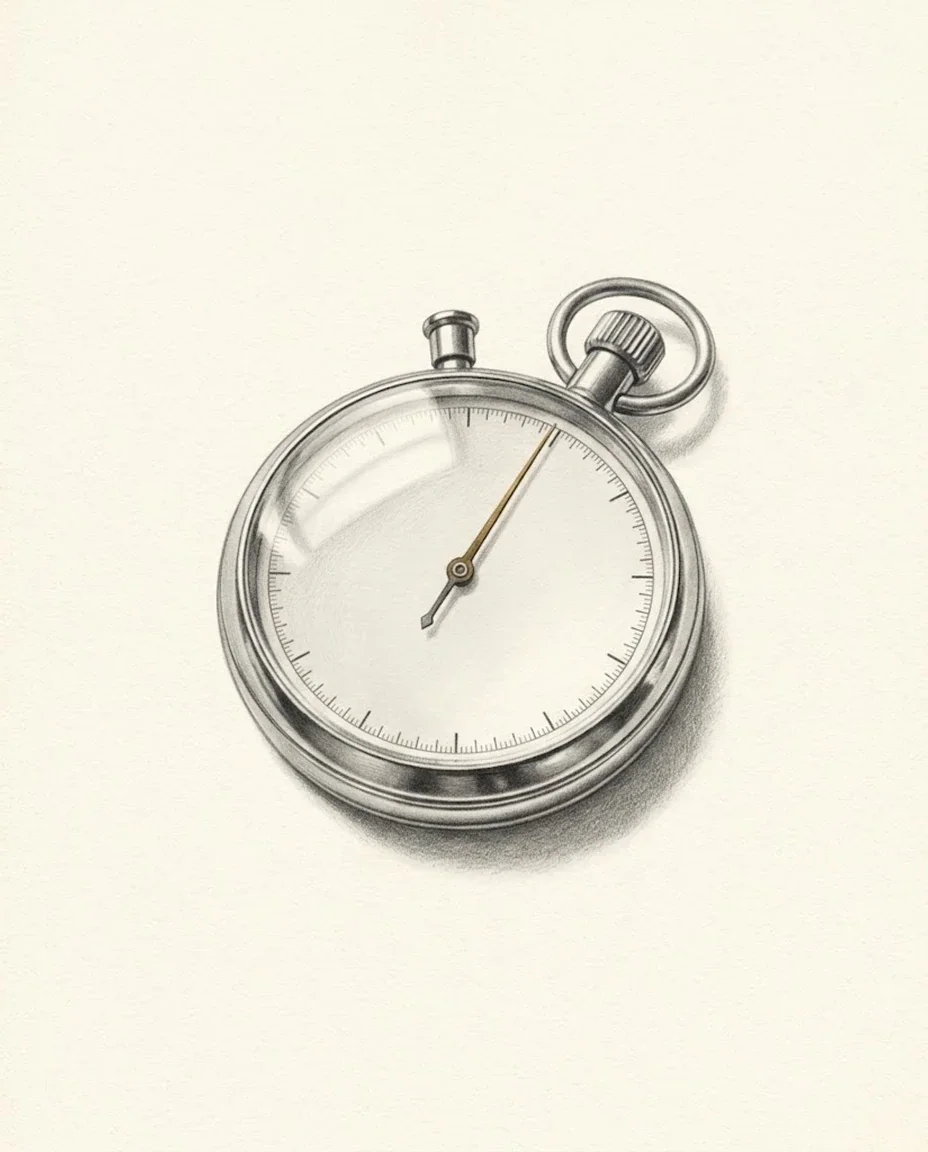 An old stopwatch lying on its back with a blank dial, its long second hand stopped just past the top in gold.