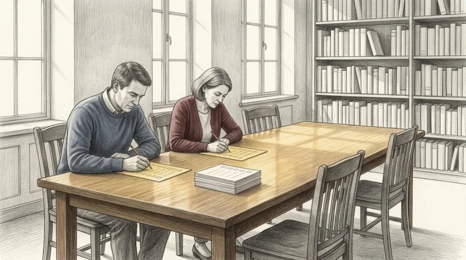 A man and a woman sit side by side at a long library table, each filling in a blank paper questionnaire with a pencil, a stack of identical forms between them.