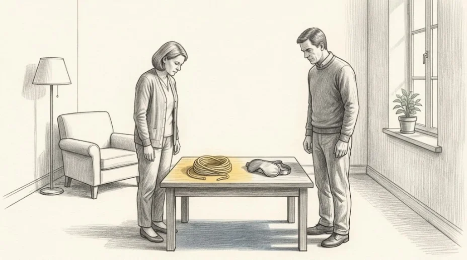 A woman and a man stand on either side of a low table holding a coiled length of soft cord and a padded blindfold, each looking down at the objects.