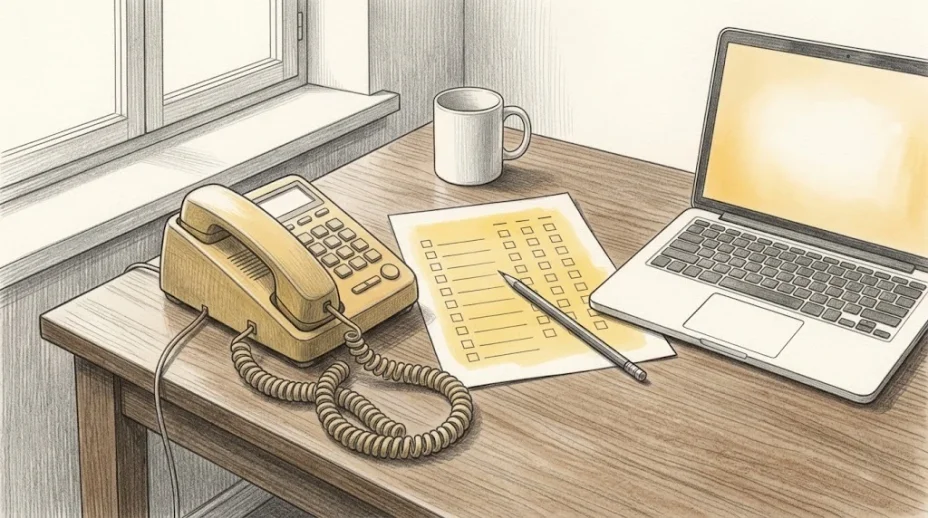 An old landline telephone sits on a desk beside an open laptop and a blank printed survey form, a pencil lying across the form.