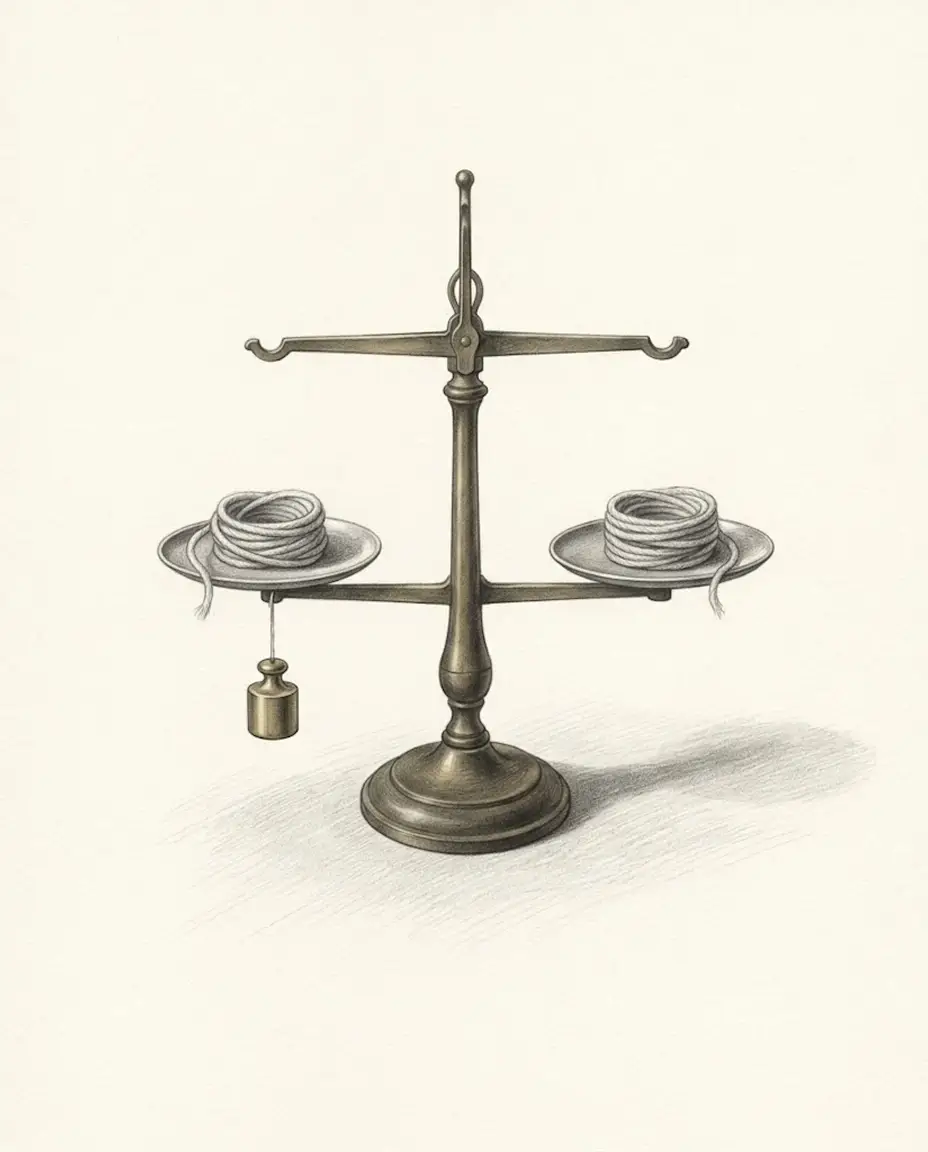 A two-pan balance stands level on an empty ground, a small coil of soft cord resting in each pan, one gold weight hanging below one pan.