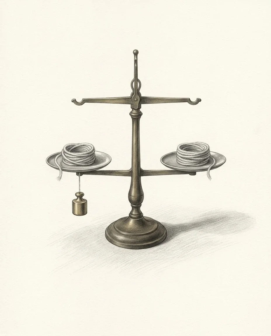 A two-pan balance stands level on an empty ground, a small coil of soft cord resting in each pan, one gold weight hanging below one pan.