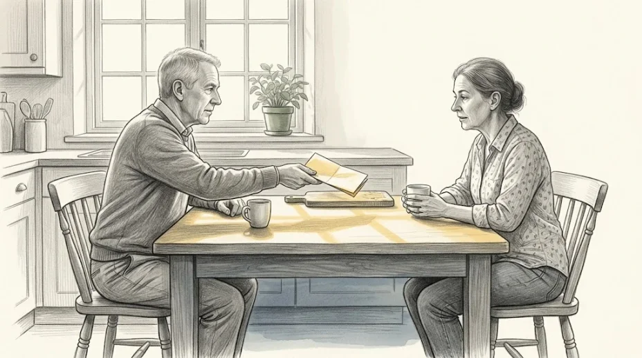 Two adults sit across a kitchen table in morning light, one holding out a folded sheet of paper while the other listens with a coffee cup in both hands.