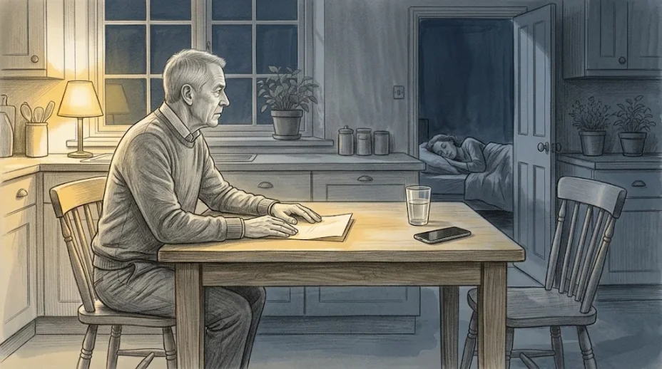 One adult sits alone at a lamplit kitchen table late at night, a hand resting on a folded note, while a second adult sleeps in a dark room beyond the open door.