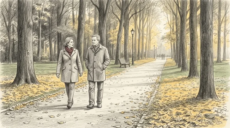 Two adults in long coats walk side by side down a leaf-covered park path in autumn, one turned toward the other, who listens with hands in pockets.