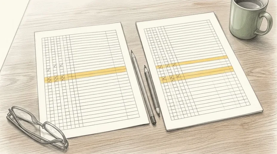 Two printed checklists lie side by side on a wooden table, each a grid of small boxes with a few pencil ticks, the matching rows washed in gold, two pencils between them.