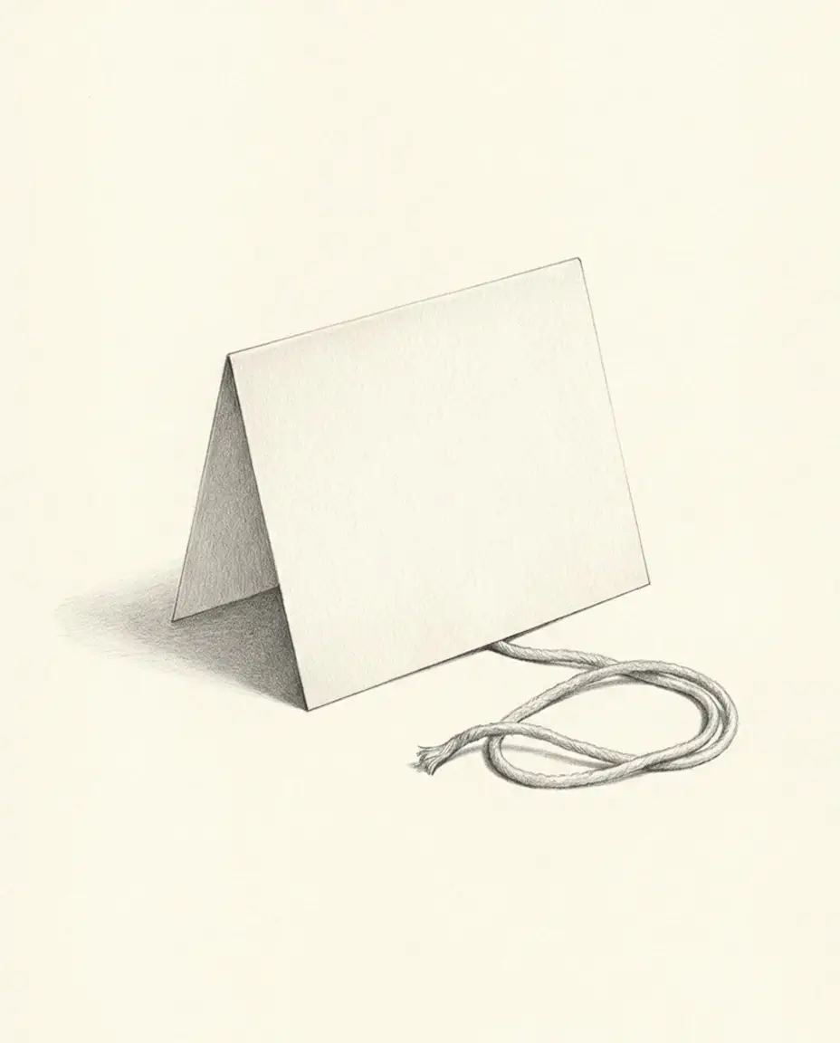 A folded sheet of plain paper standing half open on an empty ground, a loose loop of soft cord lying beside it with one end tucked under its edge.