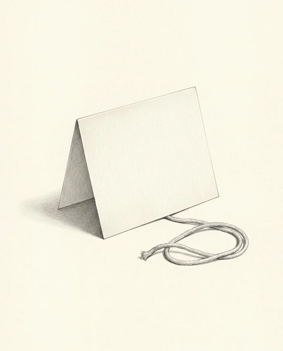 A folded sheet of plain paper standing half open on an empty ground, a loose loop of soft cord lying beside it with one end tucked under its edge.
