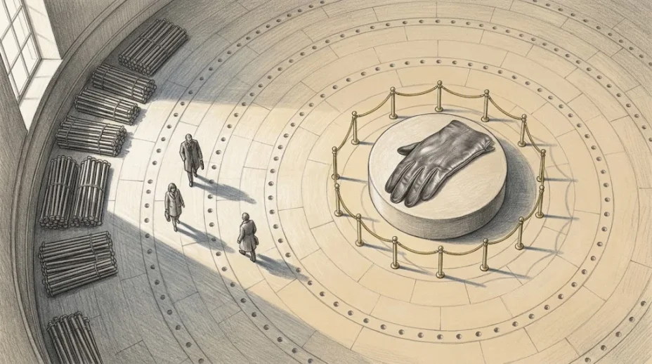 A museum rotunda seen from above, a giant leather glove on a plinth inside one low rope ring, three outer railings dismantled and visitors walking freely.