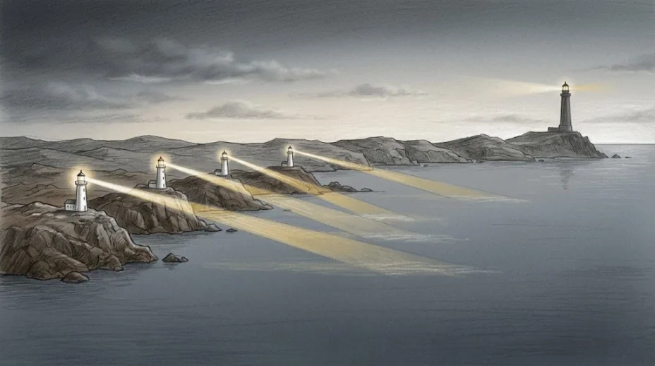 A northern coast at dusk with four small lighthouses already lit on the near headlands and one large lighthouse far off just switching on.