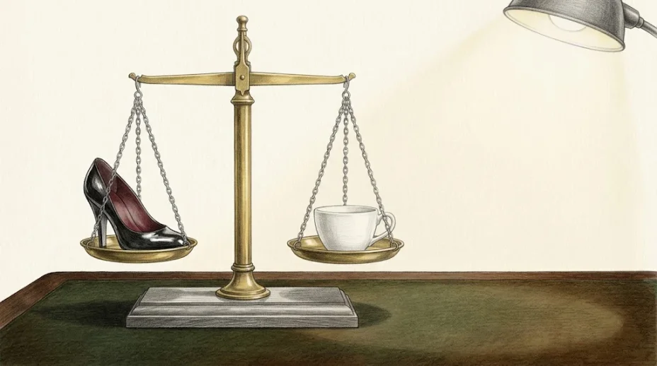 An old brass balance on a leather desk under lamplight, a high-heeled shoe on one pan and a white teacup on the other, the beam hanging level.