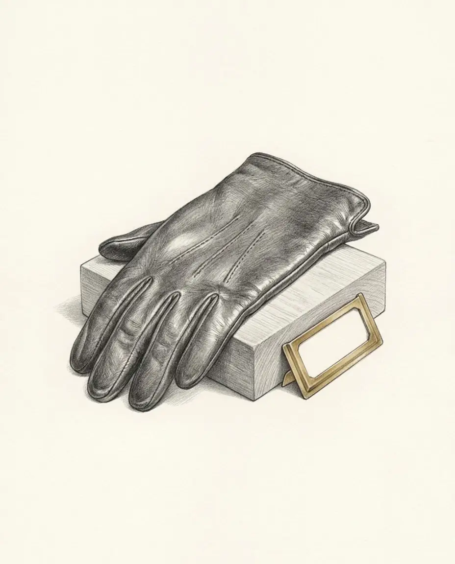A single black leather glove lies on a small wooden museum block beside an empty brass label holder whose card has been taken out.