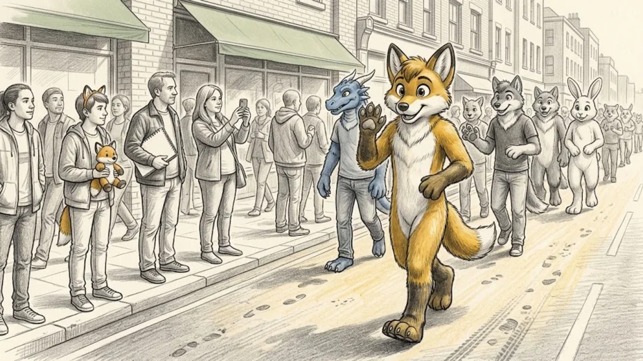 A fan in a full fox costume waves at the head of a street parade of costumed fans, spectators photographing from the pavement.