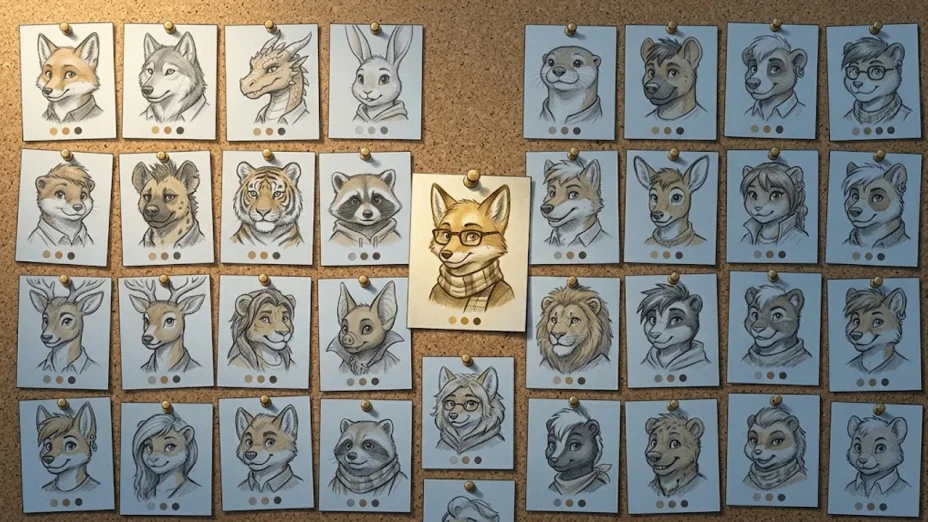 A cork board covered in pinned portraits of animal characters, a fox in glasses and a scarf at its centre, each with its own colour dots.