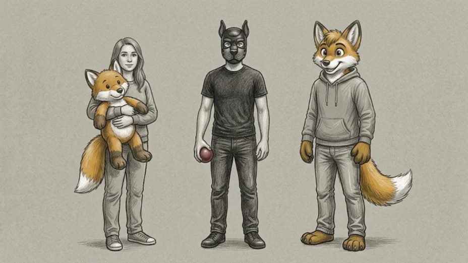 Three adults side by side: a woman holding a plush fox, a man in a leather pup hood with a ball, and a fan in a fox head and paws.