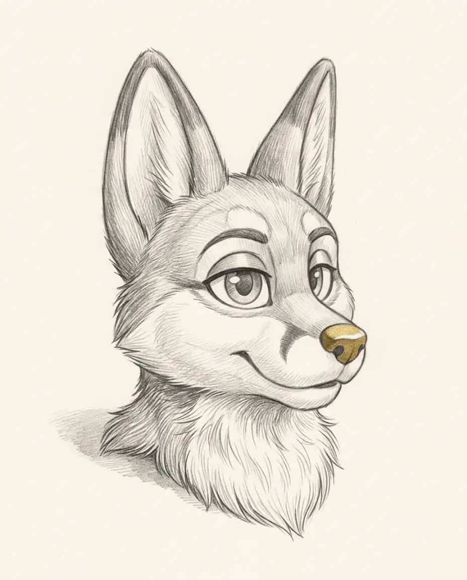 A single hand-made fox costume head with large eyes and upright ears rests on warm paper, its muzzle tipped in gold.