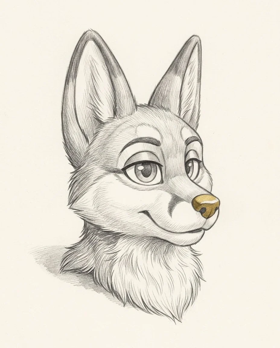 A single hand-made fox costume head with large eyes and upright ears rests on warm paper, its muzzle tipped in gold.