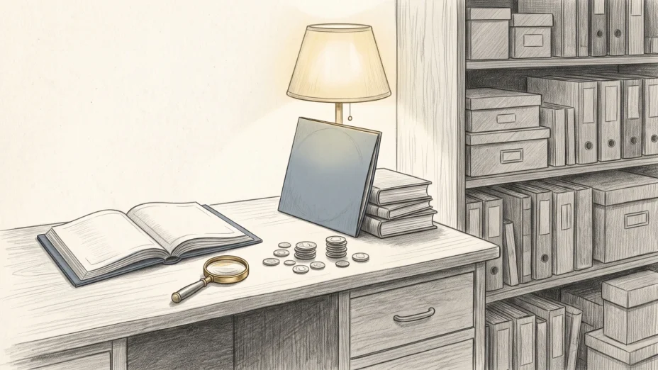 A collector's desk holds an open stamp album with blank pages, a brass magnifier, scattered coins and a vinyl sleeve with a blank cover.