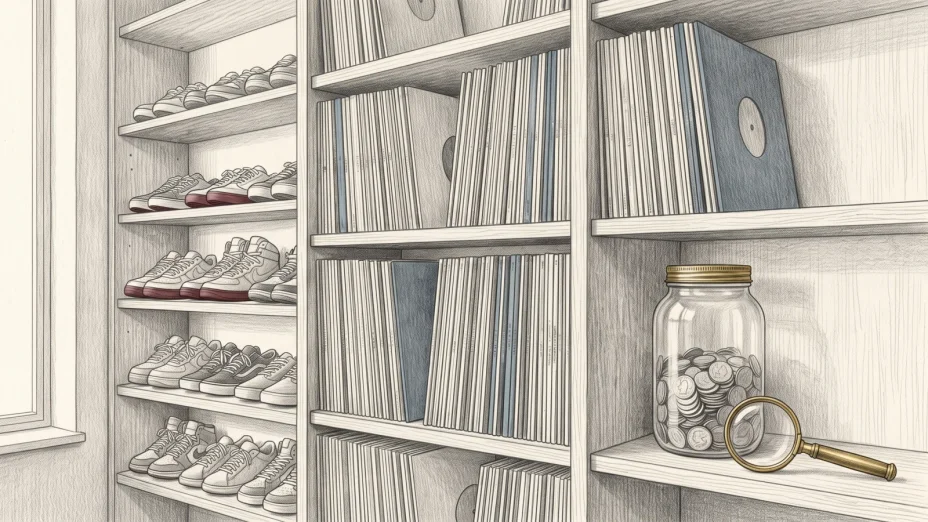 A row of sneakers stands on wooden shelves beside stacked vinyl records and a glass jar of old coins.