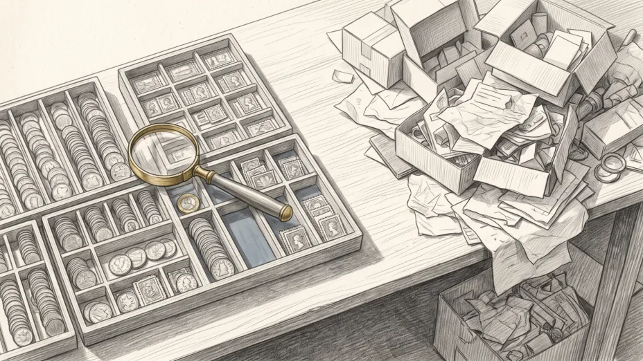 A tidy desk holds sorted trays of coins and stamps beside a toppled pile of unsorted boxes and papers.