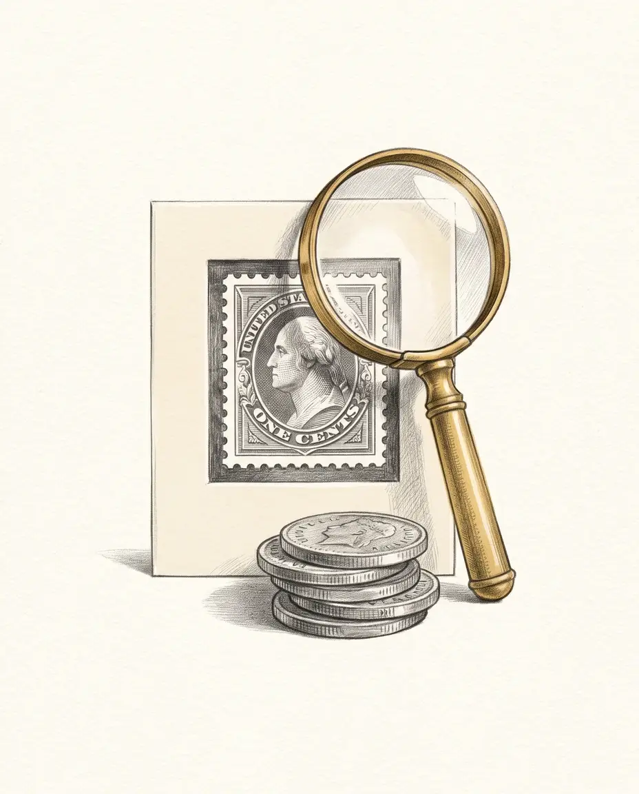A rare postage stamp in a paper mount lies beside a brass magnifying glass and a small stack of old coins.