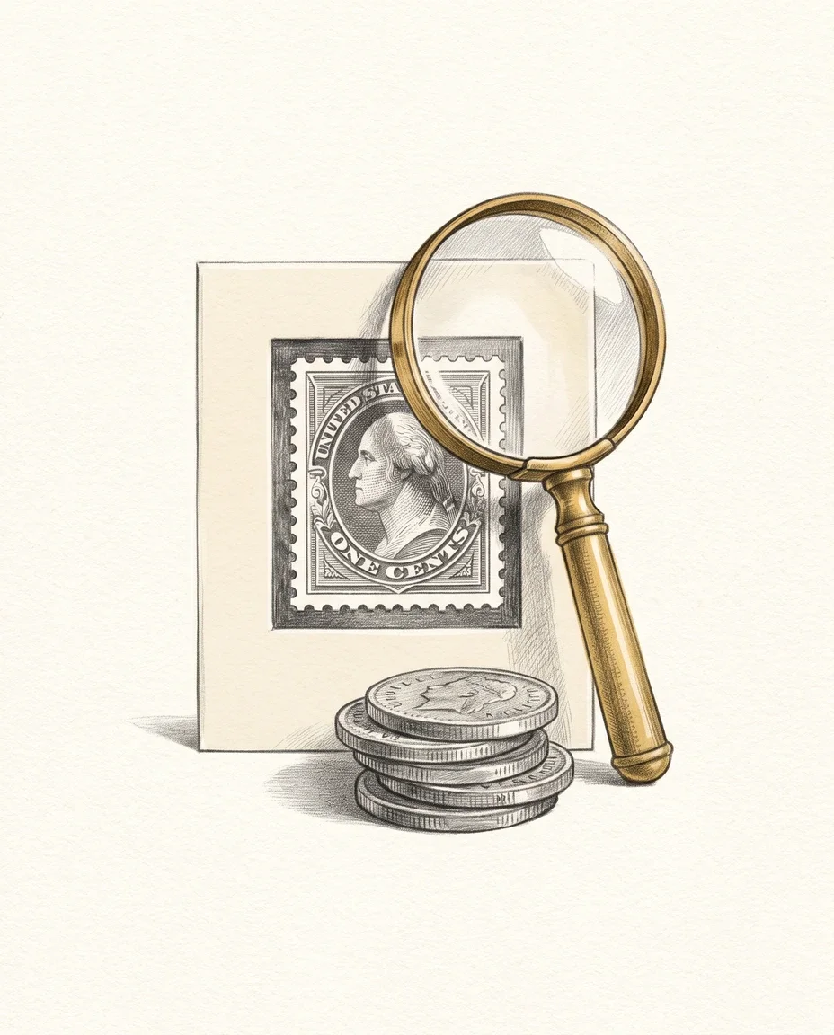A rare postage stamp in a paper mount lies beside a brass magnifying glass and a small stack of old coins.