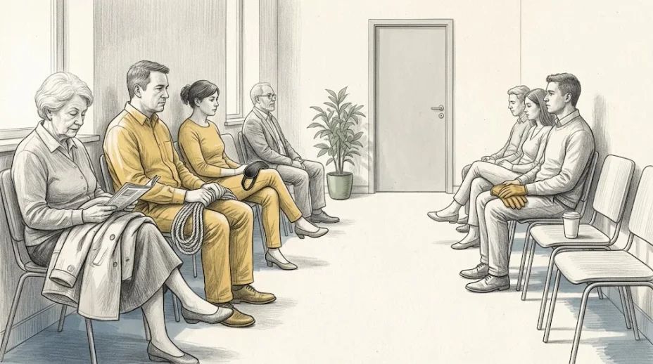 A quiet waiting room of ordinary adults seated along two walls, one holding a coiled rope on their lap, one a folded blindfold, a plain door between them.