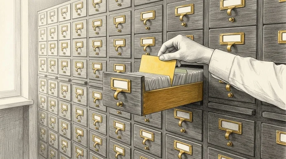 A tall wooden card-index cabinet with one drawer pulled open, a hand lifting a single index card from a packed row, the drawer's brass label frame empty.