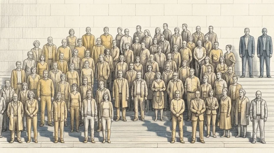 A group portrait of about fifty ordinary adults standing in rows on stone steps, nearly all warmly lit, two at the far edge shaded in blue.
