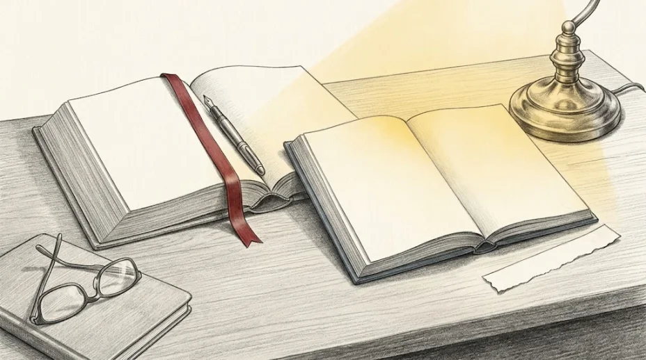 Two heavy manuals open side by side on a clinician's desk, one with a red ribbon across its page and a fountain pen resting in its gutter, a lamp behind.