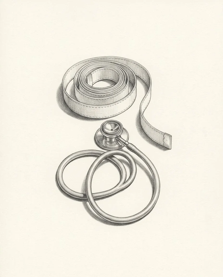 A cloth tailor's measuring tape coiled beside a stethoscope on blank paper, the tape's end trailing toward the stethoscope's bell.
