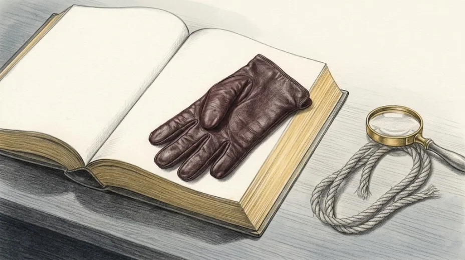 A reading desk with a thick open reference book, a black leather glove resting on its page, a coiled rope beside it and a brass magnifier.