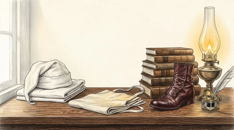 A nineteenth-century study desk holding a white apron, a nightcap and a single buttoned boot, a stack of bound journals and an oil lamp behind them.