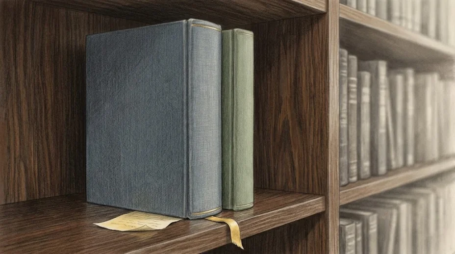Two heavy clothbound manuals standing on a shelf with blank spines, one with a ribbon marker and a slip of paper pulled from between its pages.