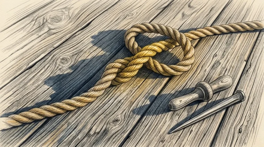 A length of ship's rope with a single sharp twist in it lying across weathered deck planks, a wooden belaying pin and a marlinspike beside it.