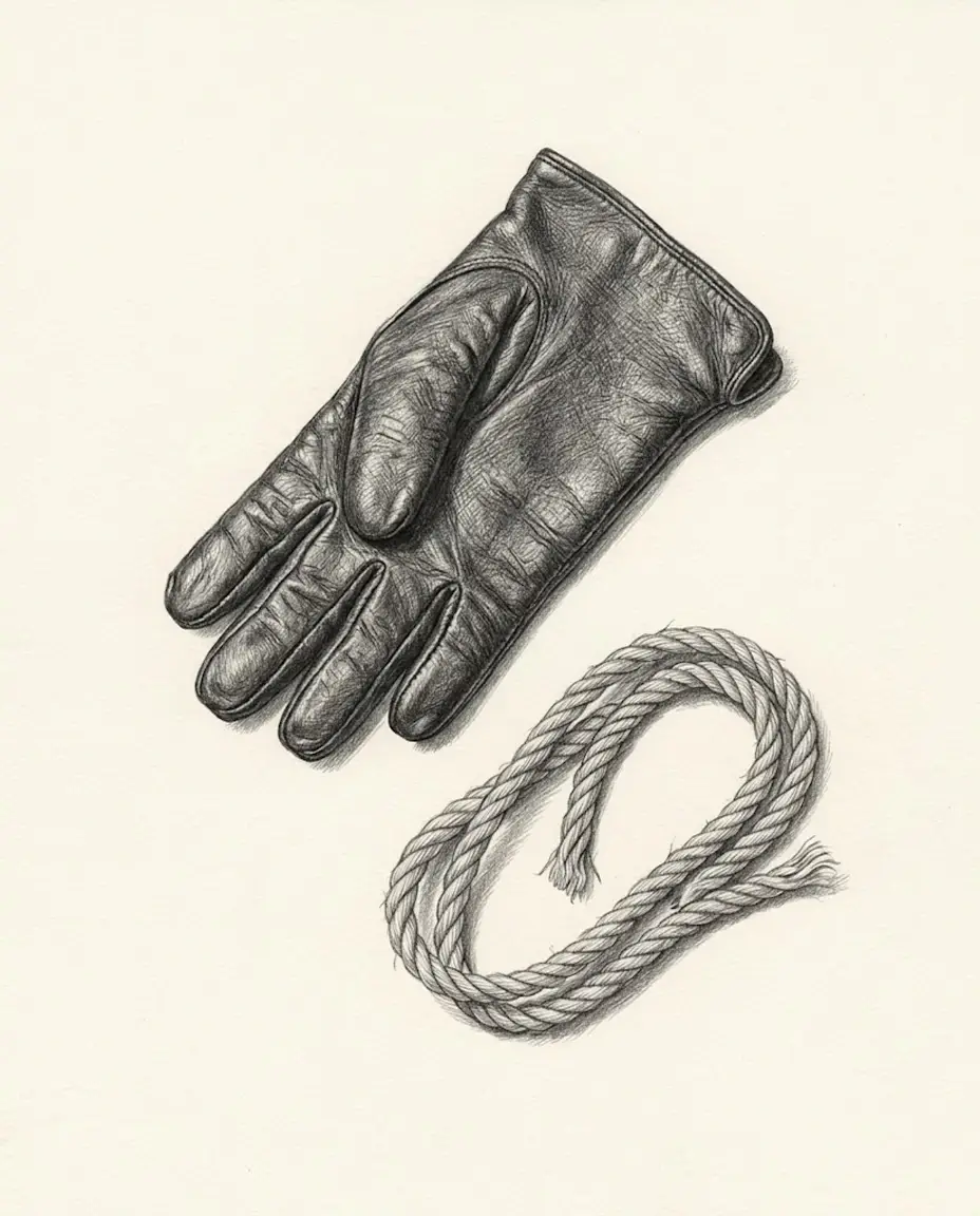 A single black leather glove laid flat beside a coiled length of rope, the glove's seams catching the light, on warm blank paper.
