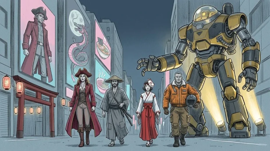 At night in a Tokyo anime district, adult cosplayers as a space pirate, a swordsman, a fox spirit and a mecha pilot walk beneath a giant robot statue.