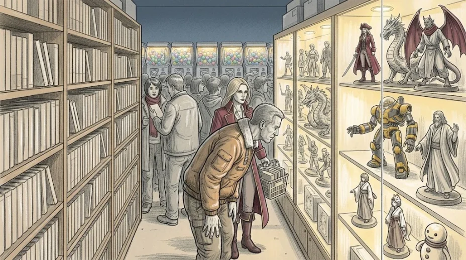 In a Tokyo anime shop, a man studies lit glass cabinets of collectible figures: a swordswoman, a yellow robot, a dragon, a sorcerer, a fox priestess.