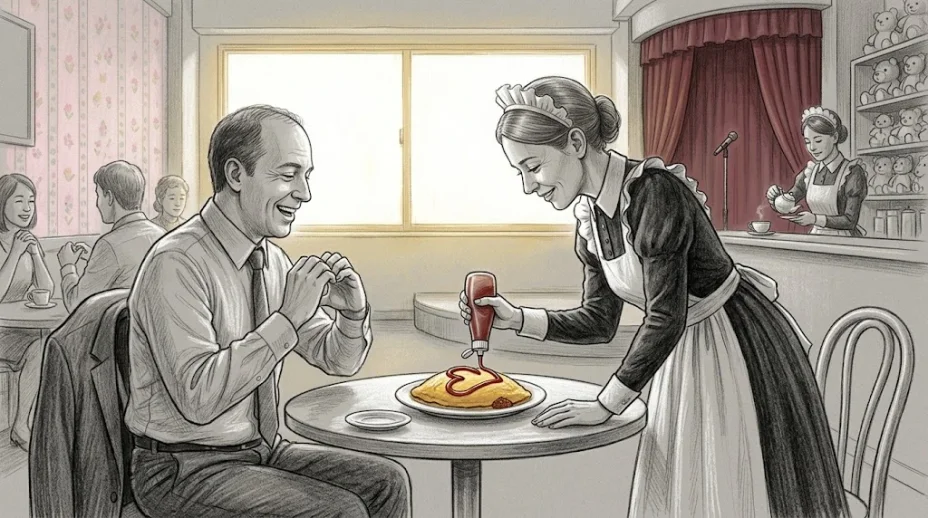 In a Tokyo maid cafe, a maid in her thirties draws a ketchup heart on omelette rice while a laughing customer in a tie makes a heart with his hands.