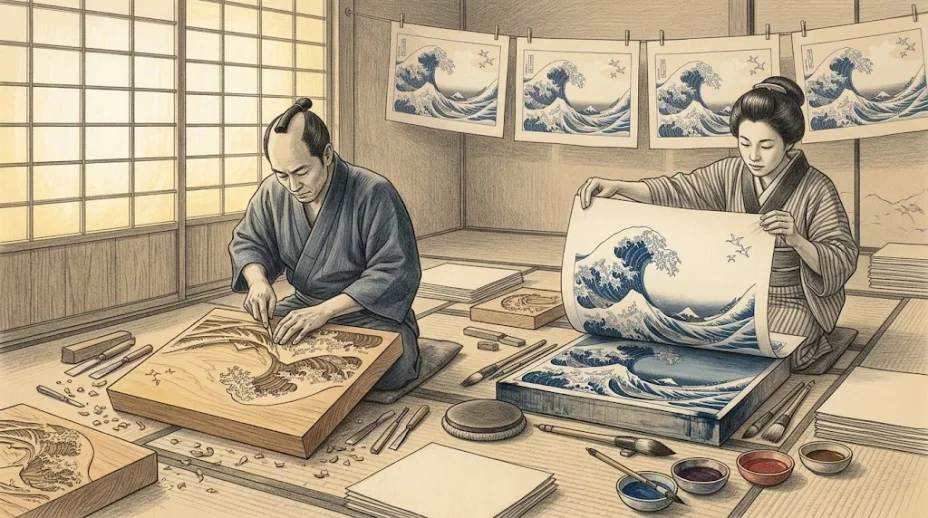 In an Edo-period print workshop, a carver cuts a wave into a cherry-wood block while a printer lifts off a fresh blue print of the wave.