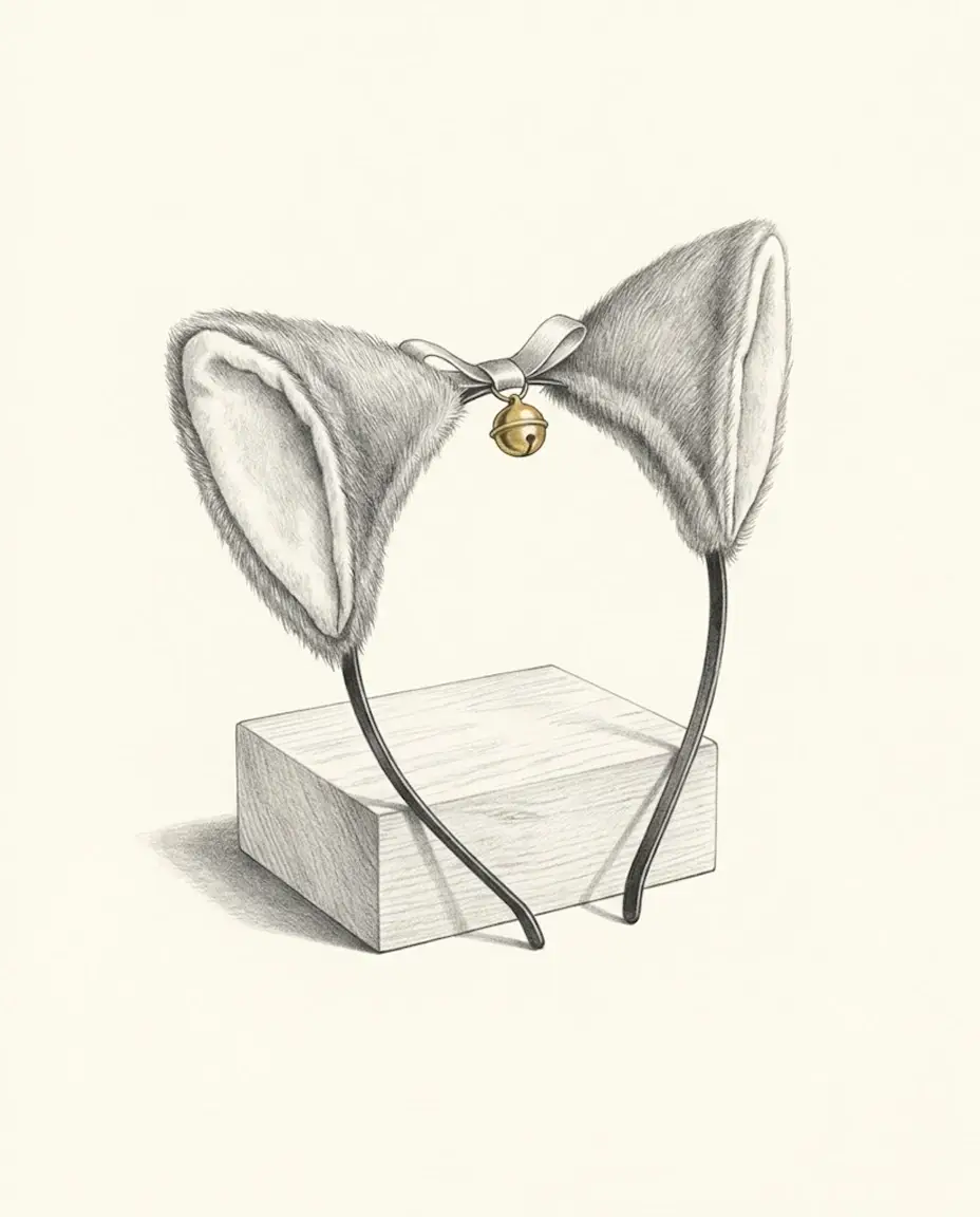 A cat-ear headband with soft grey furry ears stands astride a small wooden museum block, a tiny gold bell hanging from a ribbon bow between the ears.